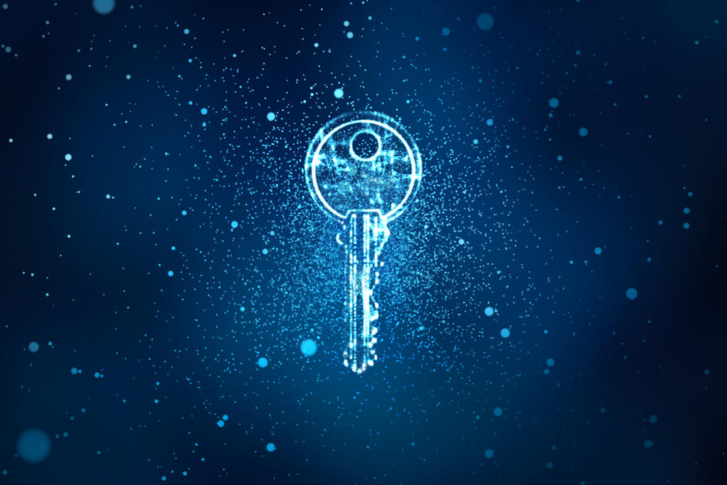 DIGITAL KEY IN KEYHOLE IN INFORMATION SECURITY CONCEPT BACKGROUND