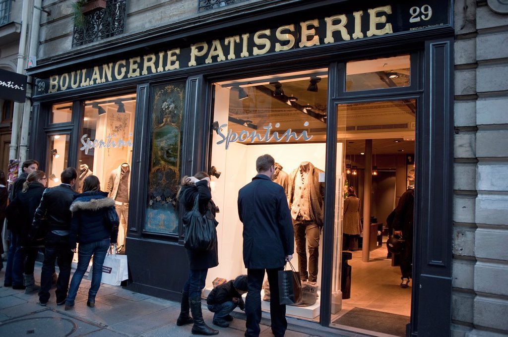 PARIS, FRANCE, STREET SCENE, CONVERTED FORMER FRENCH BAKERY TO CLOTHING SHOP FRONT, IN LE MARAIS DISTRICT