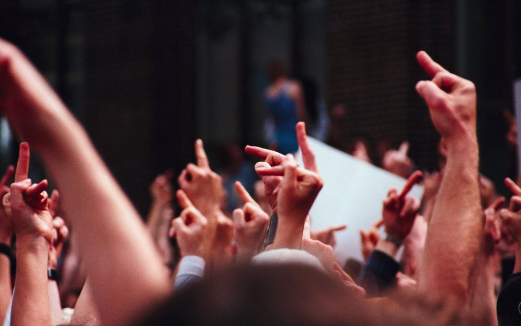 ARMS RAISED IN A CROWD GIVING THE FINGER IN PROTEST