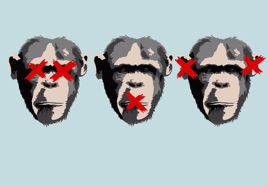 ILLUSTRATION OF THREE MONKEYS REPRESENTING THE PROVERB SEE NO EVIL, HEAR NO EVIL, SPEAK NO EVIL