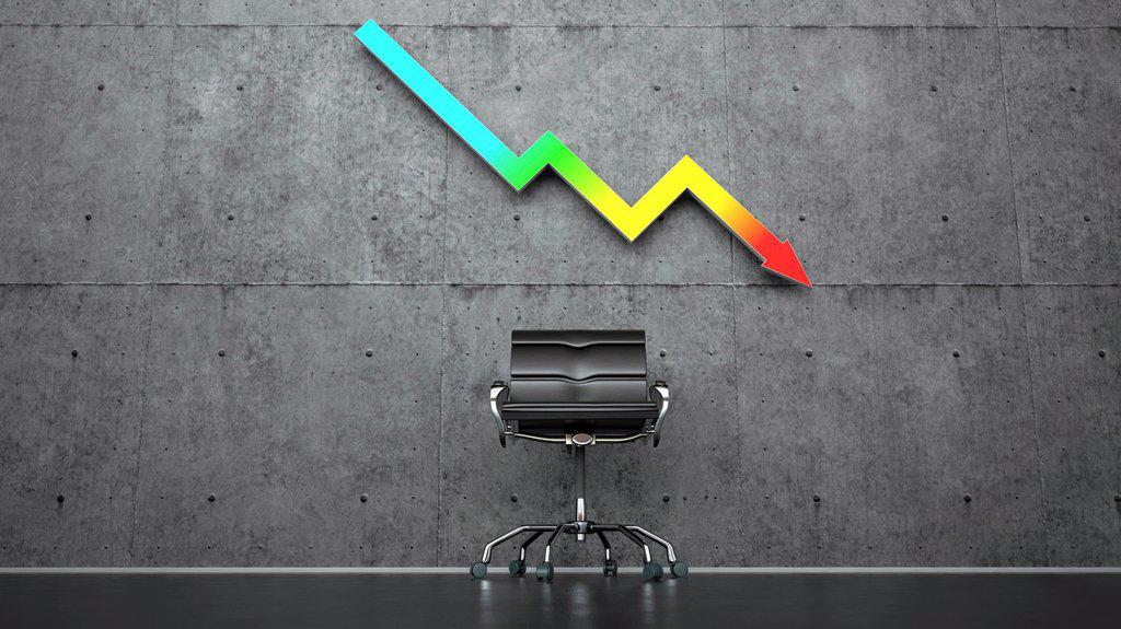THREE DIMENSIONAL RENDER OF OFFICE CHAIR STANDING UNDER COLORFUL GRAPH ARROW REPRESENTING ECONOMIC RECESSION