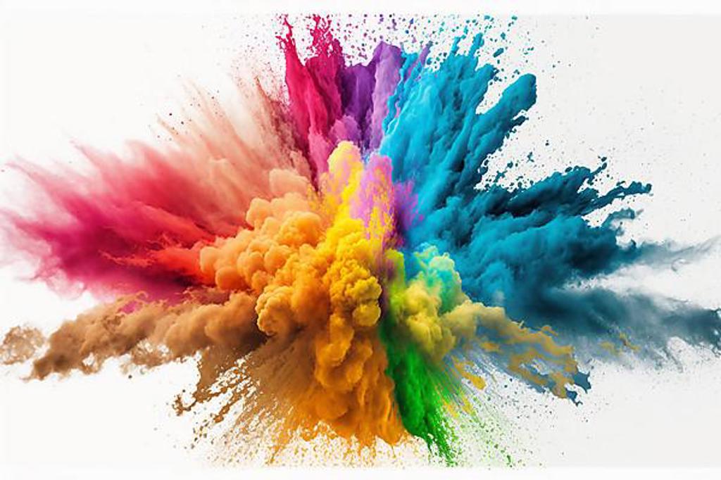 COLORFUL RAINBOW HOLI PAINT COLOR POWDER EXPLOSION ISOLATED WHITE WIDE PANORAMA BACKGROUND