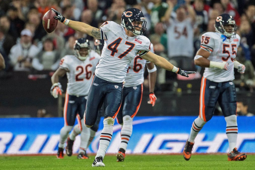 S CHRIS CONTE, # 47 CHICAGO BEARS, CELEBRATES AN INTERCEPTION DURING THE NFL INTERNATIONAL GAME BETWEEN THE TAMPA BAY BUCCANEERS AND THE CHICAGO BEARS