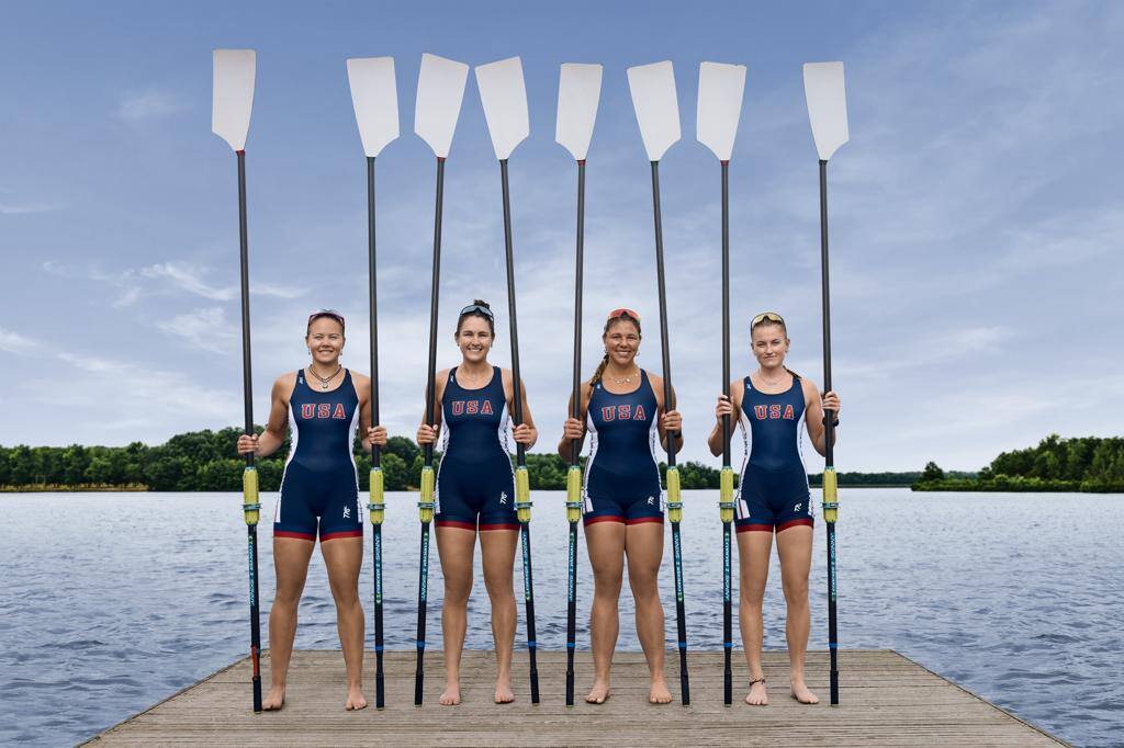 PORTRAIT OF THE US W4X 2024 OLYMPIC ROWERS, GRACE JOYCE, TEAL COHEN, EMILY DELLEMAN, LAUREN O'CONNOR, AT THE US WOMEN'S ROWING TRAINING FACILITY IN PRINCETON, NJ