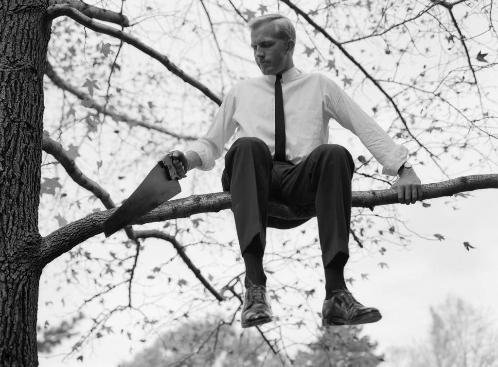 1960S Businessman In Shirt And Tie Sitting On Tree Limb He'S Sawing