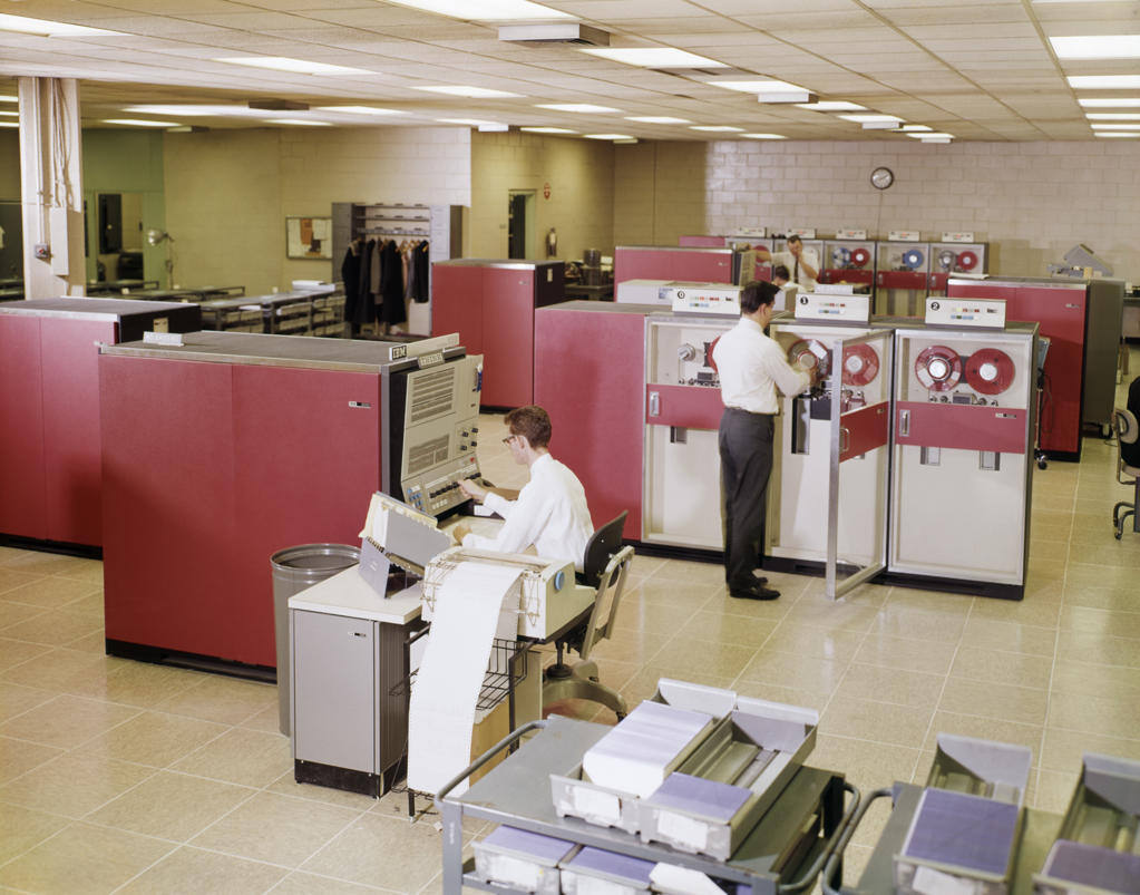 1960S Two Men Computer Programmers In Ibm 3680 Mainframe Computer Room