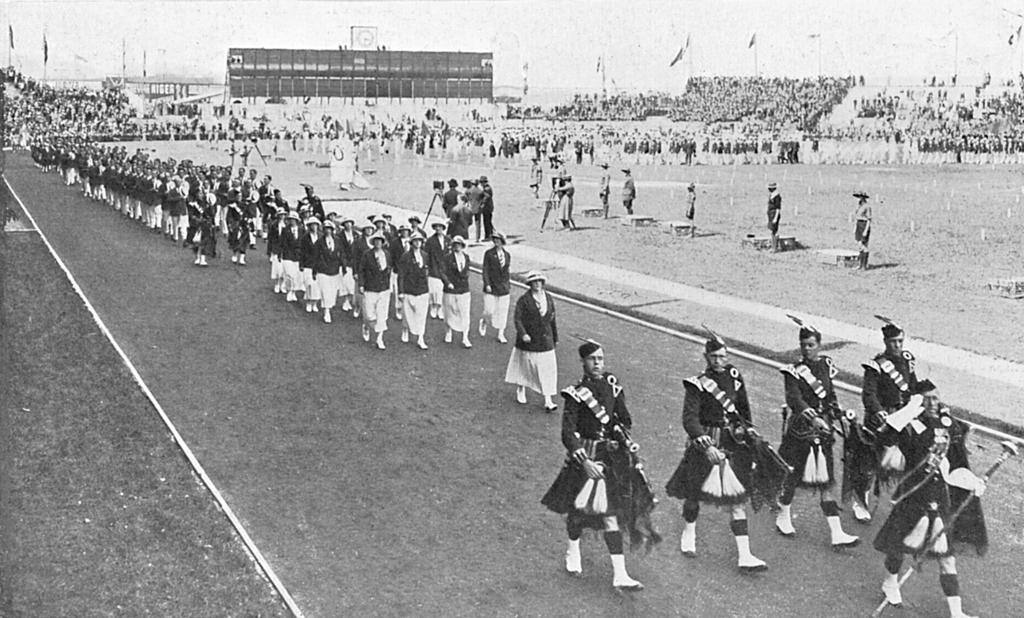 OPENING CEREMONY OF THE 1924 OLYMPIC GAMES IN PARIS, SHOWING THE BRITISH TEAM MARCHING PAST HEADED BY PIPERS