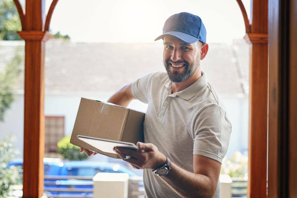 Portrait of a courier making a home delivery