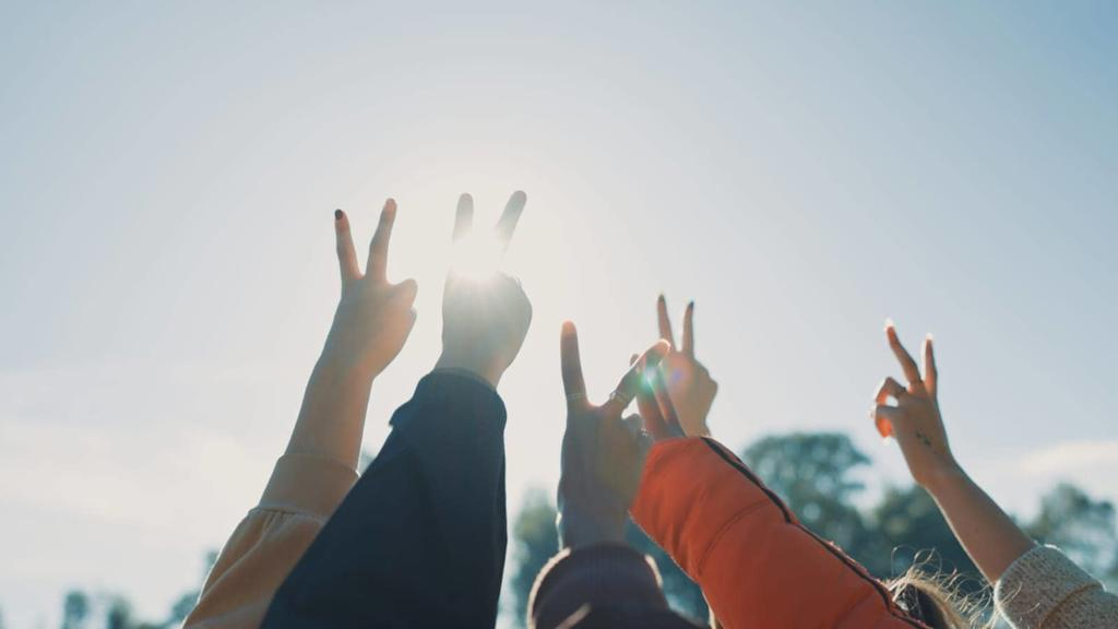PEACE SIGN, SUPPORT AND HANDS OF FRIENDS IN NATURE FOR COMMUNITY, MOTIVATION AND TEAMWORK. PARTNERSHIP, RELAX AND HAND GESTURE WITH PEOPLE IN OUTDOORS