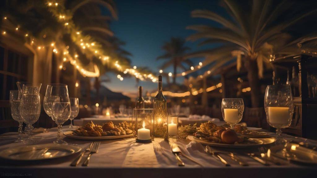 Luxury table setting in luxury restaurant with palm trees in the background