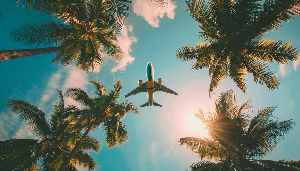 Airplane flying over palm trees at sunset