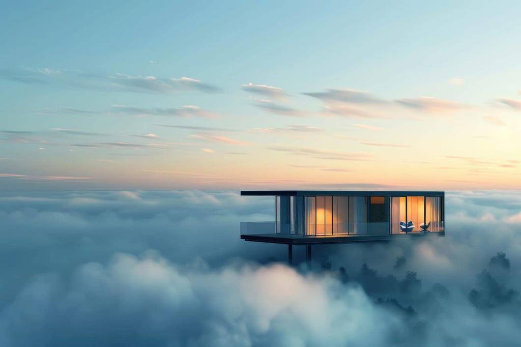 A house is floating in the clouds with a beautiful view of the sky