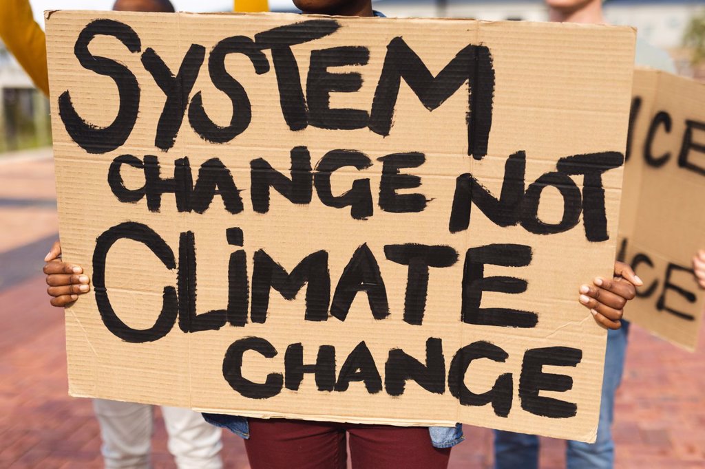 AFRICAN AMERICAN WOMAN HOLDING PLACARD SAYING SYSTEM CHANGE NOT CLIMATE CHANGE AT PROTEST MARCH