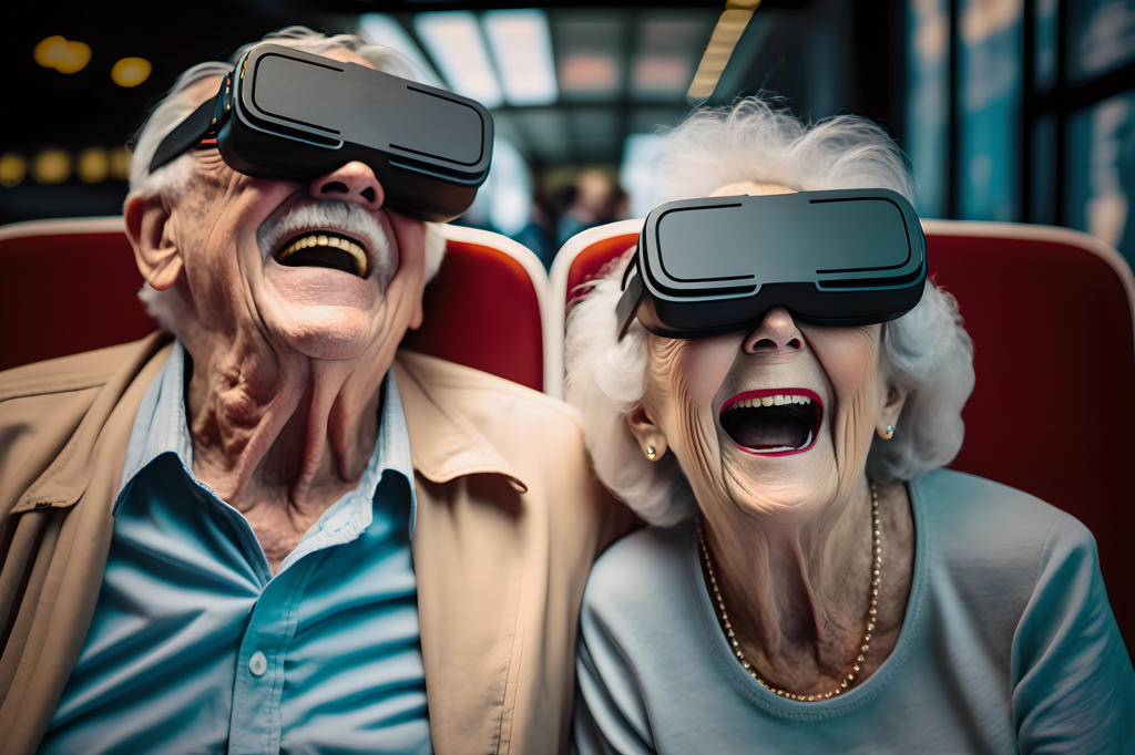 OLD COUPLE IN VR GLASSES AT VIRTUAL REALITY CINEMA. AI GENERATED