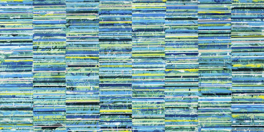 THIS DIPTYCH IS AN ENCAUSTIC AND COLLAGE PAINTING MADE FROM A SERIES OF CUT STRIPS OF PAPER THAT CONNECT WITH EACH OTHER, LINE BY LINE, TO MAKE UP A LARGE COMPOSITION