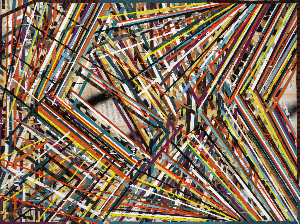MULTIPLE LINES COLLIDE, MINGLE AND INTERSECT IN RAPID-FIRE SEQUENCES OF BURSTING COLOR IN THIS ABSTRACT PAINTING BRIMMING WITH ENERGY AND MOVEMENT