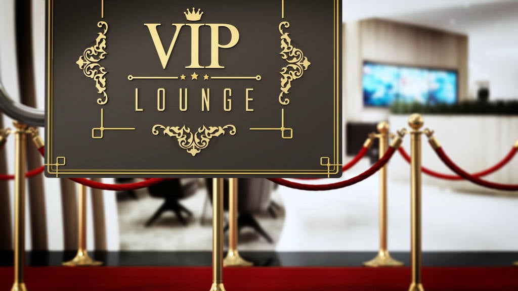 VIP lounge signboard with red carpet and velvet ropes. 3D illustration